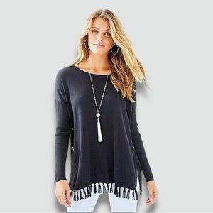 Lilly Pulitzer M Ramona Bateau Neck Fringe Boho Chic Western Navy Blue Sweater